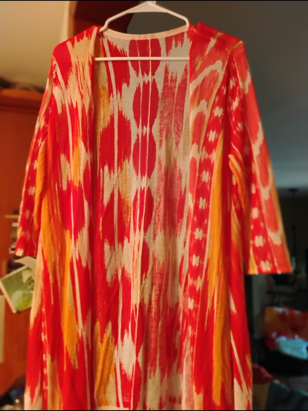 Chico's Red, White and Yellow Ikat Open-Front Tunic
